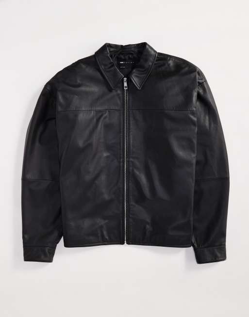 ASOS DESIGN Premium real leather harrington jacket in black ASOS