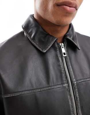 ASOS DESIGN Premium real leather Harrington jacket in black | ASOS