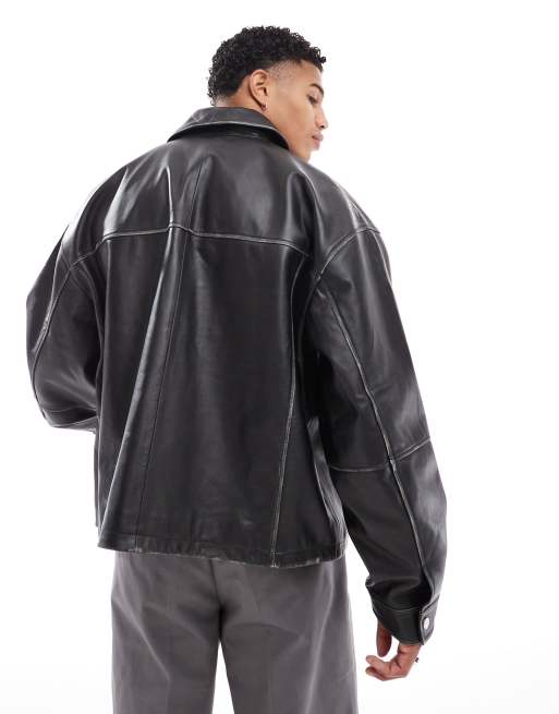 ASOS DESIGN Premium real leather Harrington jacket in black | ASOS