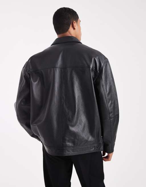 ASOS DESIGN Premium real leather Harrington jacket in black, 3 of 5