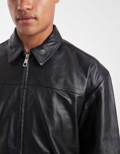 ASOS DESIGN Premium real leather Harrington jacket in black, 5 of 5