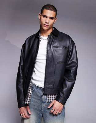 Premium real leather harrington jacket with suede collar in black