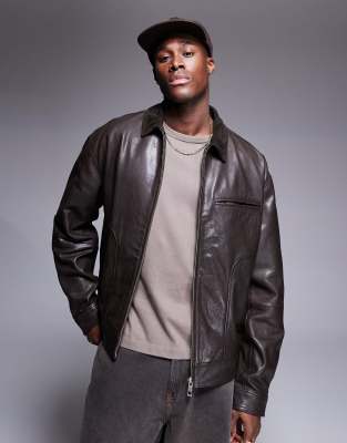 Premium real leather harrington jacket with suede collar in brown