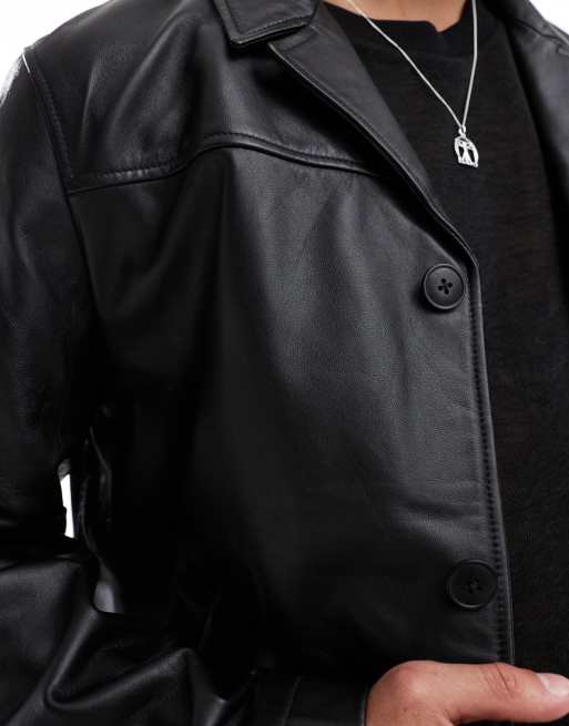ASOS DESIGN Premium real leather jacket in black, 3 of 4