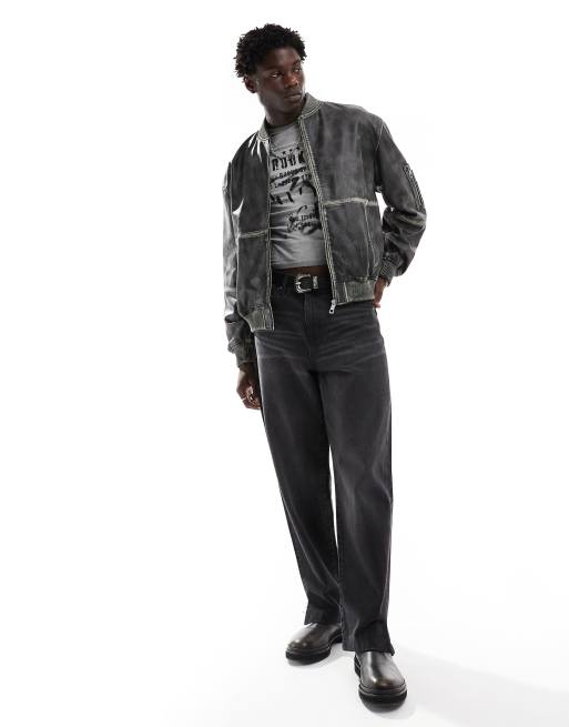 ASOS DESIGN Premium real leather oversized distressed bomber jacket in black