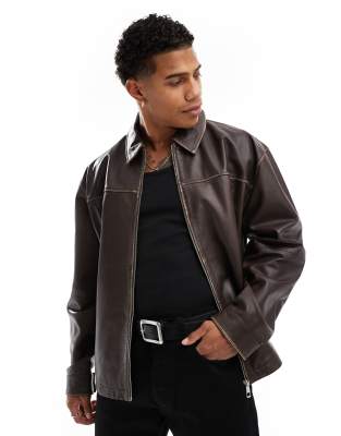 ASOS DESIGN ASOS DESIGN Premium real leather oversized distressed harrington jacket in brown