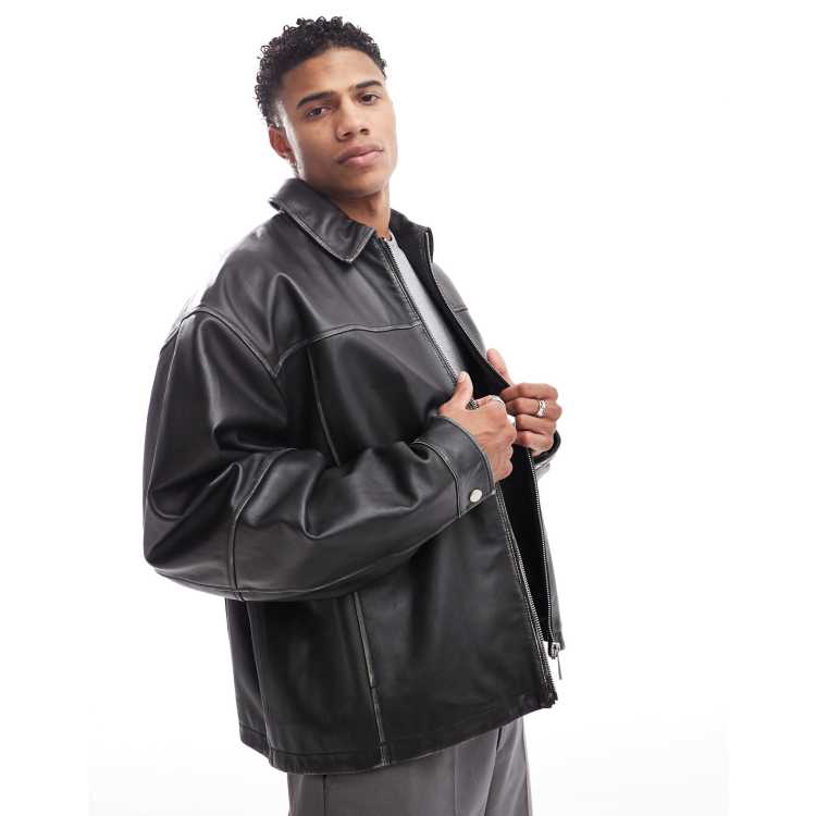 ASOS DESIGN premium real leather oversized harrington jacket in 
