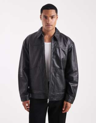 Asos Design Premium Real Leather Oversized Harrington Jacket In Black