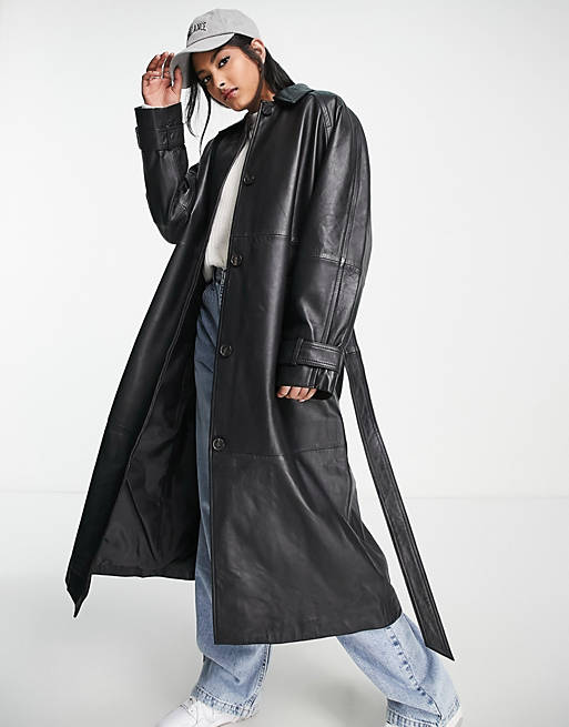 ASOS DESIGN premium real leather trench coat in black