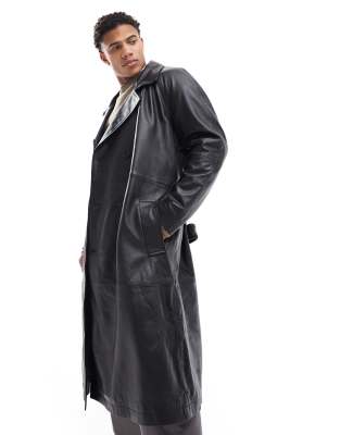 premium real leather trench coat in black