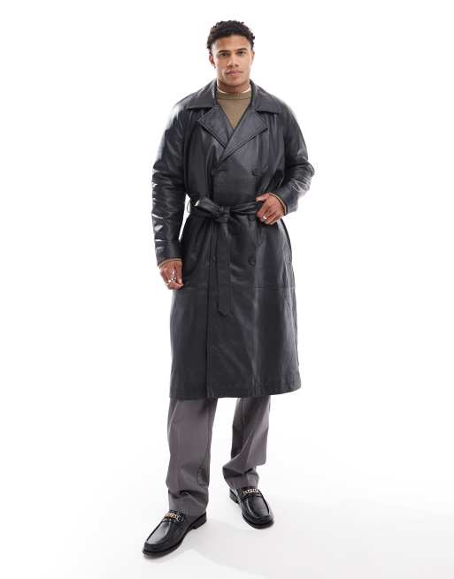 ASOS DESIGN Premium real leather trench coat in black, 2 of 4
