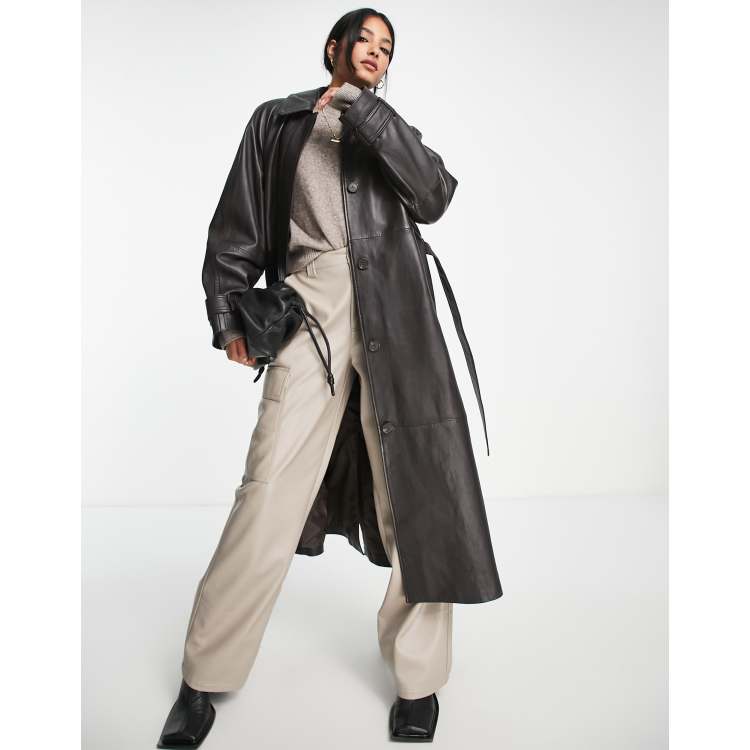 Real leather 2024 trench coat