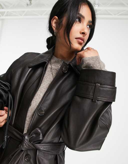 Vintage-Look Belted Leather Coat - Luxury Brown