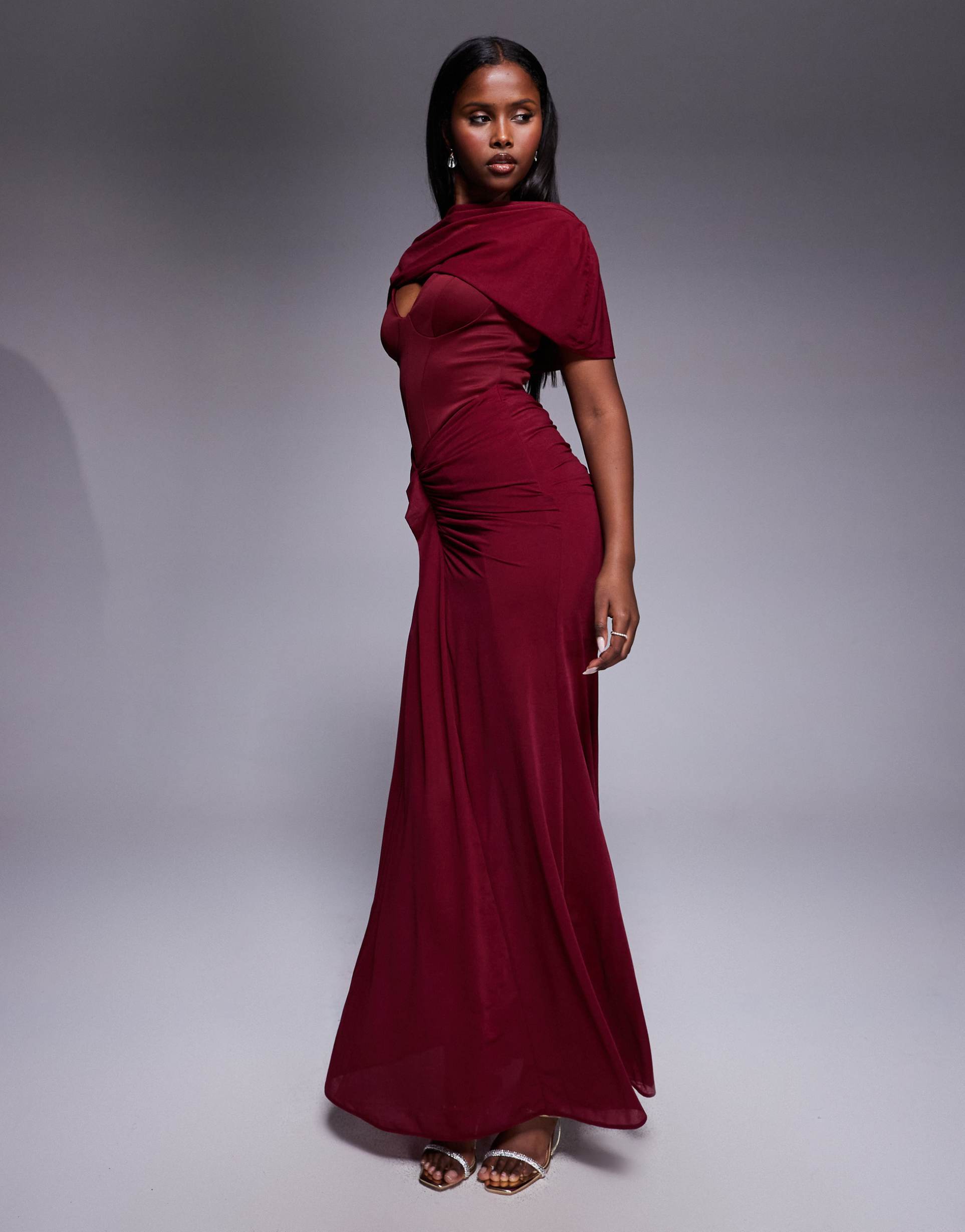 asos design premium red carpet overlay corset detailing maxi dress with cinched hips in berry