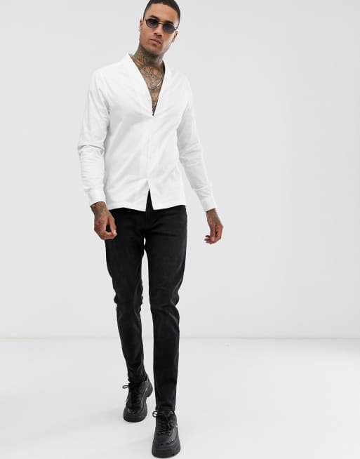 ASOS DESIGN Premium regular fit sateen smart shirt with shawl collar on  white