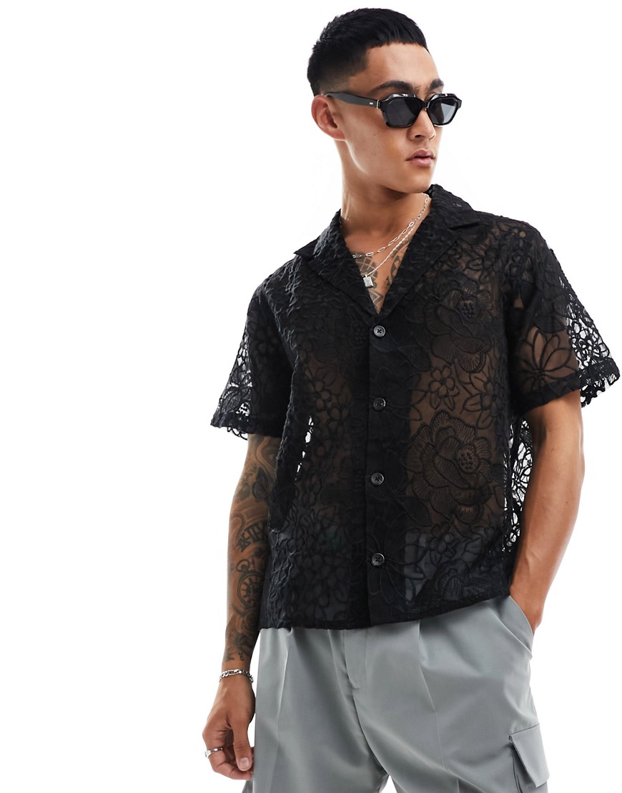 ASOS DESIGN Premium relaxed deep revere all over embroidered shirt in black