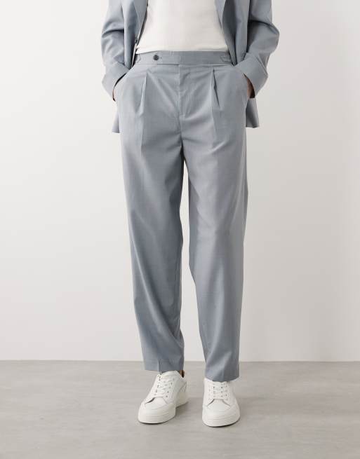 ASOS DESIGN premium relaxed tapered suit trousers in light blue linen and wool, 2 of 9