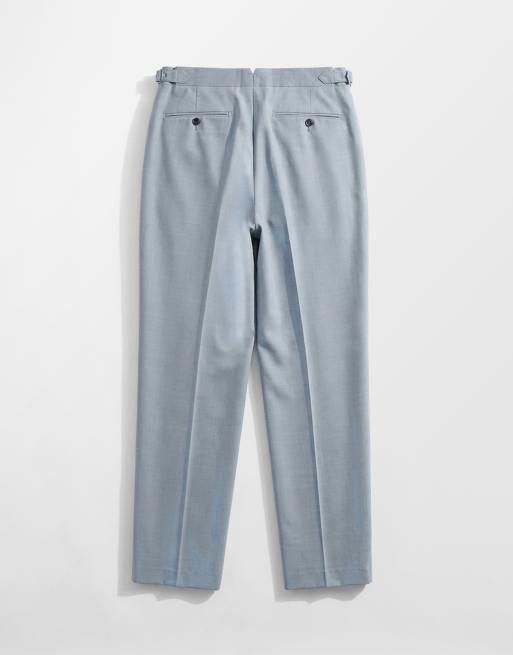ASOS DESIGN premium relaxed tapered suit trousers in light blue linen and wool, 7 of 9
