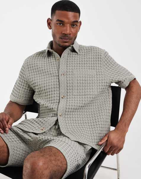 ASOS DESIGN premium relaxed waffle texture shirt in green (part of a set) - view 1