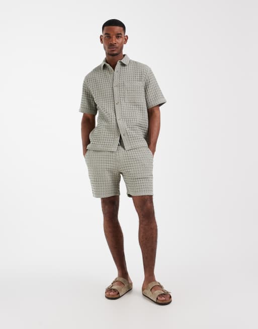 ASOS DESIGN premium relaxed waffle texture shirt in green (part of a set), 2 of 5