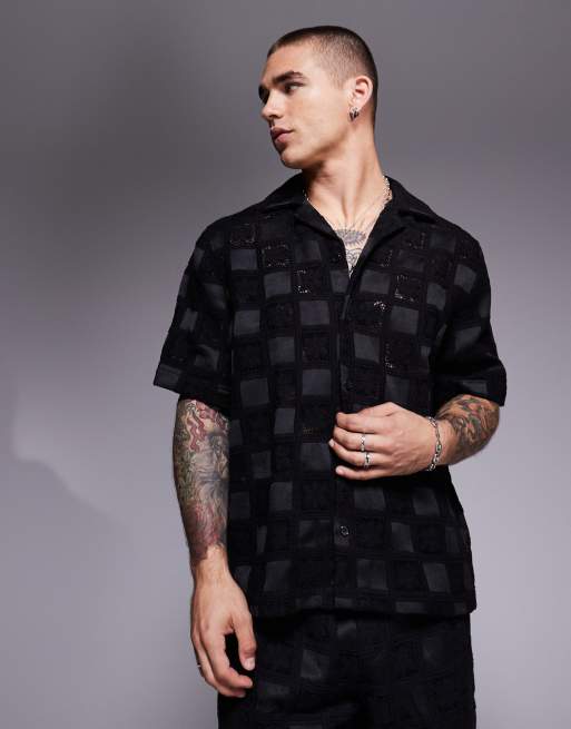 ASOS DESIGN premium revere crochet shirt in black (part of a set)