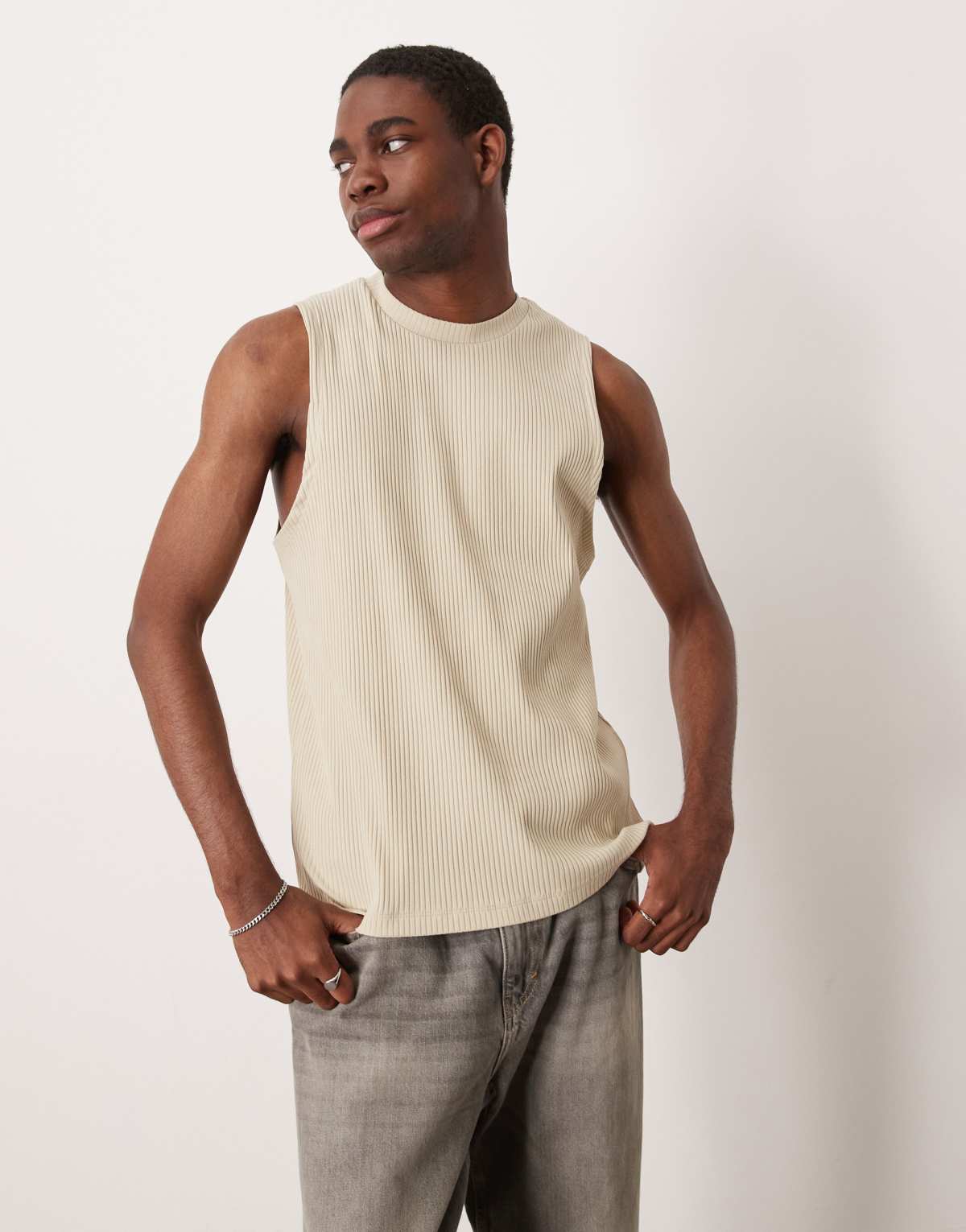 ASOS DESIGN Premium rib crew neck tank in beige