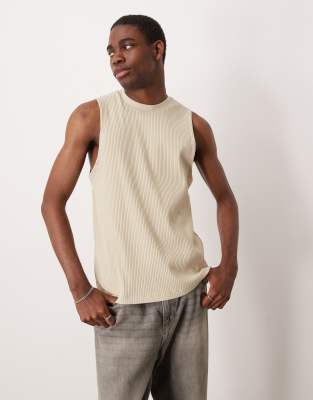 Asos Design Premium Ribbed Crew Neck Tank Top In Neutral