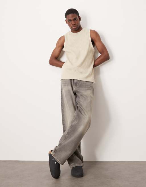 ASOS DESIGN Premium ribbed crew neck tank top in beige