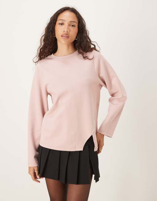 ASOS DESIGN – Premium – Rosa, dubbelstickad t-shirt med långa ärmar och söm framtill
