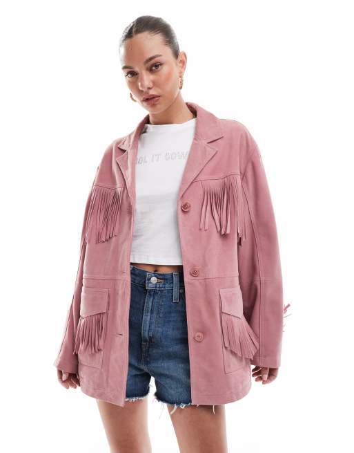 ASOS DESIGN - Premium - Rosa jakke med frynser i ruskind, 4 af 4