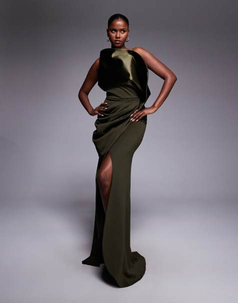 ASOS DESIGN Premium ruched hip maxi dress with structured satin drape neck in khaki - view 1
