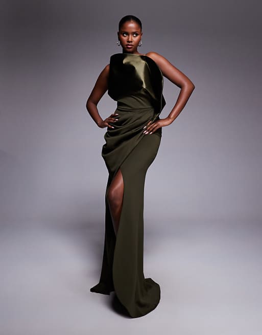 khaki green dress Myla Draped Shoulders Satin Maxi / | MESHKI Free returns. Trench Coat Dress - Khaki