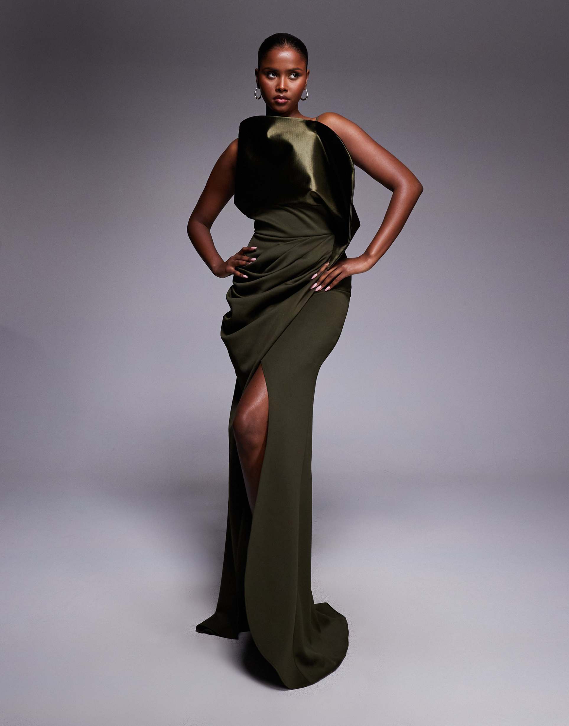 asos design premium ruched hips maxi dress with structured satin draped neck in khaki green