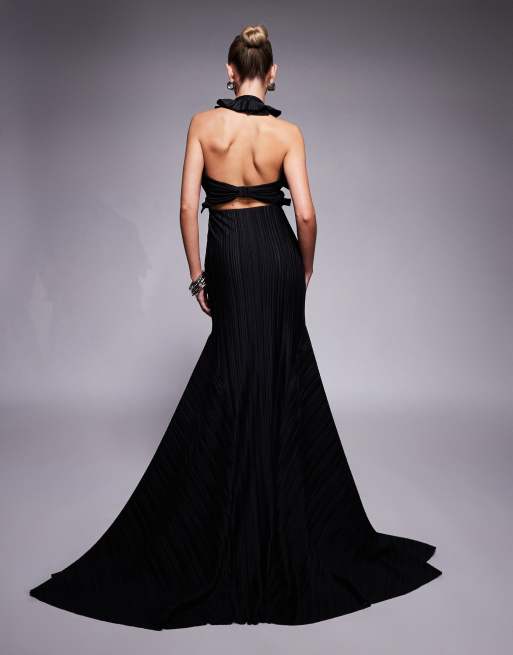 ASOS DESIGN premium ruffle bust plisse faux-ord maxi dress with train in black