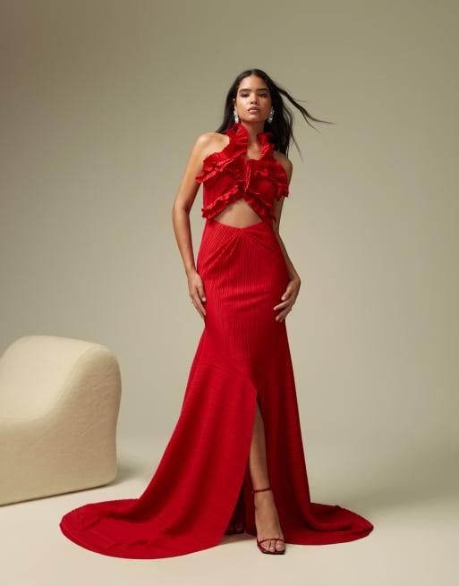 ASOS DESIGN premium ruffle bust plisse faux-ord maxi dress with train in red