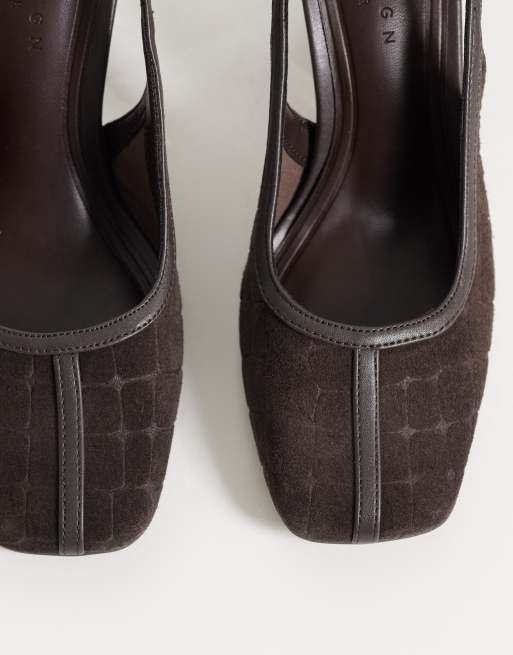 ASOS DESIGN premium sandaler i ægte ruskind med hælrem og blokhæl i chokoladebrun croco-præg, 3 af 4