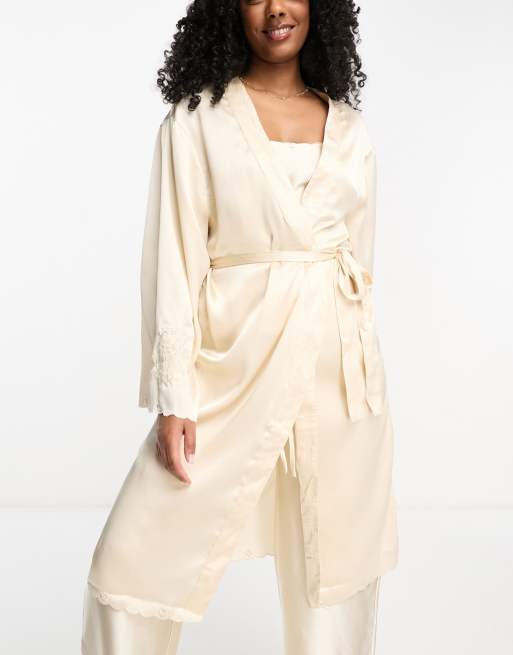 ASOS DESIGN premium satin embroidered midi robe in cream