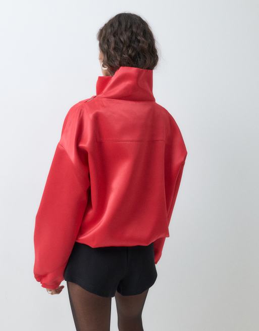 ASOS DESIGN premium satin funnel neck bomber in red, 2 of 5