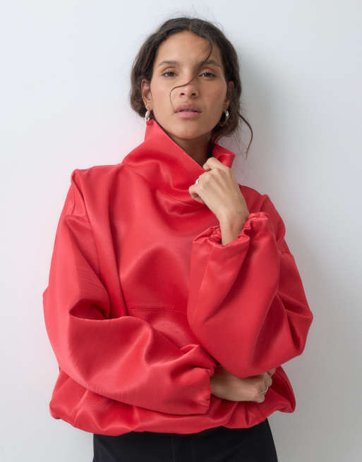ASOS DESIGN premium satin funnel neck bomber in red, 3 of 5