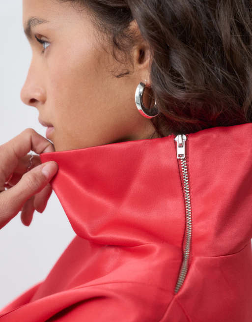 ASOS DESIGN premium satin funnel neck bomber in red, 4 of 5