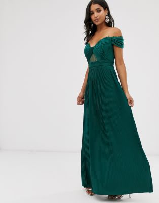 ASOS DESIGN Premium - Schulterfreies, plissiertes Maxikleid mit Spitzenbesatz-Grün