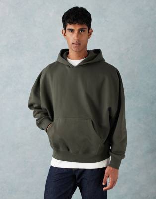Premium - Schwerer Kapuzenpullover in Khaki mit extremem Oversize-Schnitt, 400 g/m²-Grün Grün XS