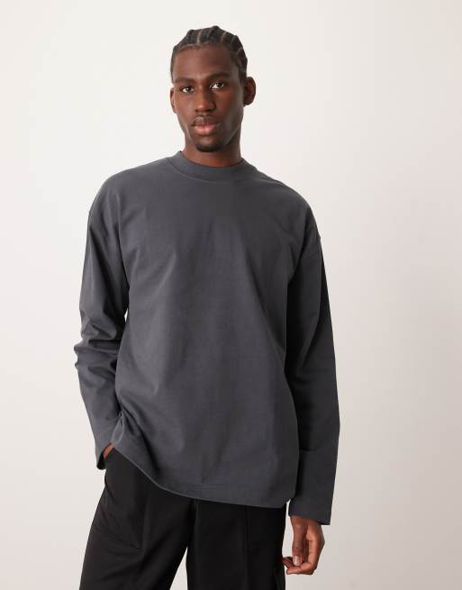 ASOS DESIGN – Premium – Schweres, langärmliges Oversize-T-Shirt in Anthrazit mit kastigem Schnitt und hohem Ausschnitt, 300 g/m²