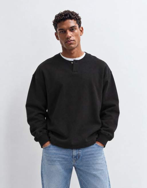 ASOS DESIGN Premium schweres Oversize-Henleyshirt in Schwarz, 7 von 9