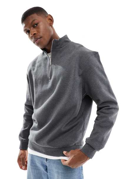 ASOS DESIGN – Premium – Schweres Oversize-Sweatshirt in Anthrazit meliert mit kurzem Reißverschluss, 400 g/m² - view 1