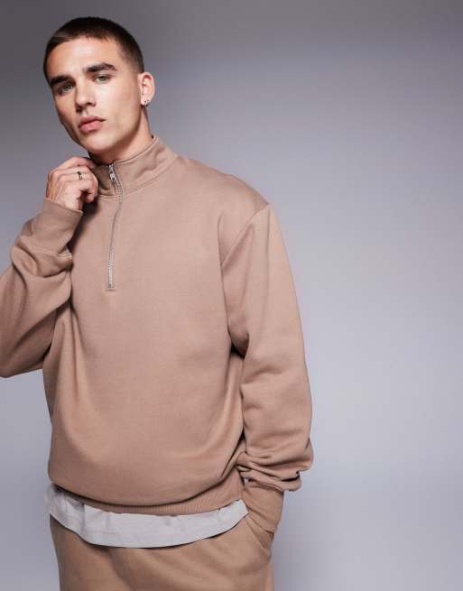 ASOS DESIGN – Premium – Schweres Oversize-Sweatshirt in Beige mit kurzem Reißverschluss, 400 g/m², 4 von 4