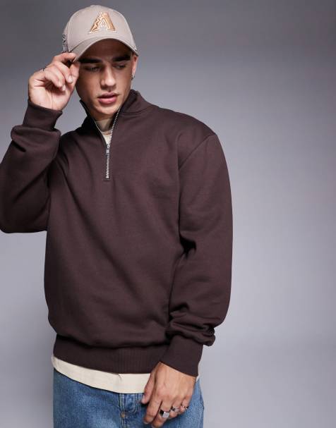 ASOS DESIGN – Premium – Schweres Oversize-Sweatshirt in Braun mit kurzem Reißverschluss, 400 g/m² - view 1