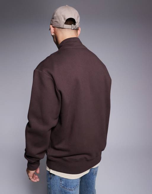 ASOS DESIGN – Premium – Schweres Oversize-Sweatshirt in Braun mit kurzem Reißverschluss, 400 g/m², 3 von 4