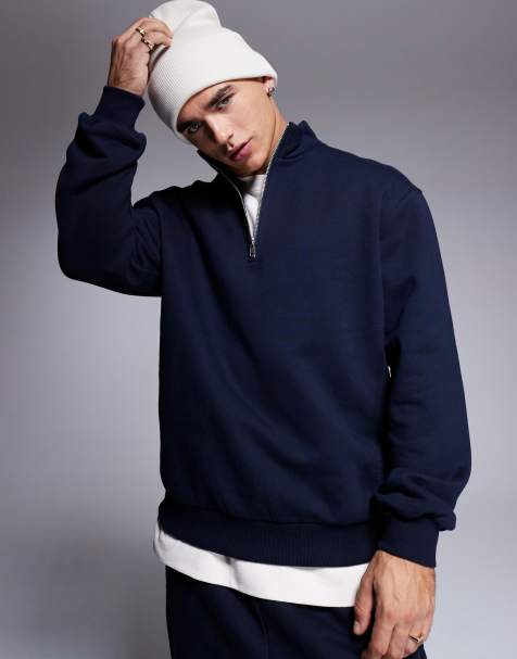 ASOS DESIGN – Premium – Schweres Oversize-Sweatshirt in Marineblau mit kurzem Reißverschluss, 400 g/m² - view 1