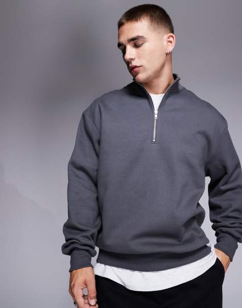 ASOS DESIGN – Premium – Schweres Oversize-Sweatshirt in Schwarz mit kurzem Reißverschluss, 400 g/m² - view 1